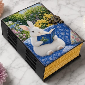 May include: A rectangular journal with a black spine and gold-toned page edges. The cover features a white rabbit sitting on a blue floral patterned cushion, reading a small blue book, set against a background of yellow and purple garden flowers.