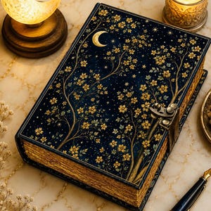 May include: A rectangular journal with a dark blue cover featuring a gold crescent moon, stars, and yellow floral tree branches. The book has metallic gold page edges and a brass-colored metal latch closure on the side, resting near a fountain pen.