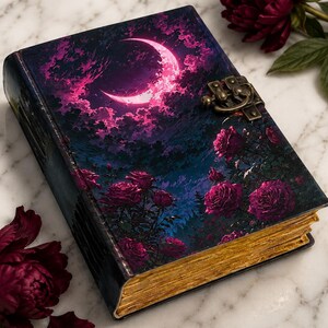 Könnte beinhalten: Ein rechteckiges Tagebuch mit einem dunklen Einband, der einen leuchtenden rosa Halbmond, violette Wolken und tiefrote Rosen zeigt. Das Buch hat einen bronzefarbenen Metallverschluss und goldfarbene Seitenkanten, umgeben von dunkelroten Blumen.