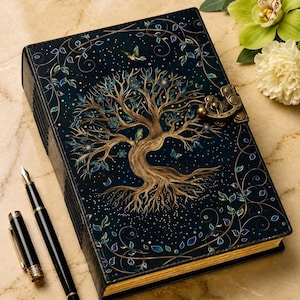 Può includere: Un diario blu scuro con un'illustrazione di un albero color oro sulla copertina, caratterizzato da intricati motivi a vite, piccoli uccelli e una chiusura a scatto in metallo. Il diario ha pagine con bordi dorati e una penna stilografica nera.
