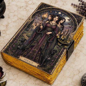 May include: A rectangular journal with gold-edged pages and a metal latch closure. The cover features a detailed illustration of a three-headed figure holding a torch and knife, accompanied by two black dogs, with the text HEKATE at the bottom.