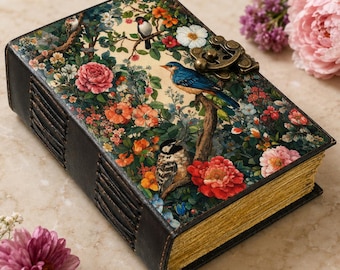 Grimoire Birds & Flowers Leather Journal - Floral Vintage Notebook | Handmade Diary | Engraved Journal Gift for Writers and Nature Lovers