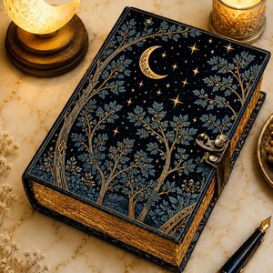 May include: A rectangular journal with a dark blue cover featuring a gold crescent moon, stars, and tree illustrations. The book has a metallic latch closure on the side and gold-edged pages. A black fountain pen rests nearby on the surface.