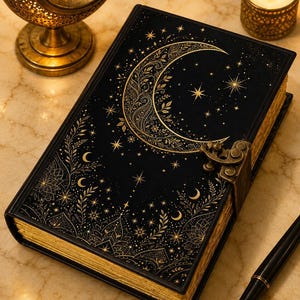 May include: A black hardcover journal featuring a gold foil crescent moon and star pattern on the cover. The book includes a metallic latch closure and gold-gilded page edges. A black fountain pen with a gold nib rests beside the journal.