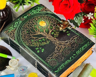 Tree of Life Vintage Leather Grimoire – Witchcraft Spell Book with Lock celestial gifts - Best Gift for Her and Him - Diary Book