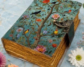 Grimoire Birds & Flower Leather Journal - Floral Vintage Notebook | Key Handmade Diary | Engraved Journal Gift for Writers and Nature Lovers