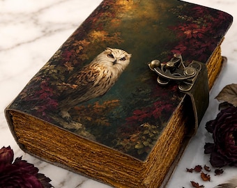 Grimoire Floral Owl Leather Journa : Celtic Personalized diary Handmade Vintage Journal with key Spell book Witchcraft Gift For Him and her