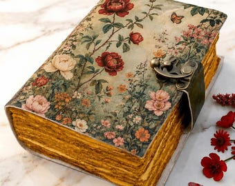 Grimoire Print Floral Leather Journal – Flower Celestial Spell Book of shadows with Vintage page Personalized Gift for Him and Her Big book