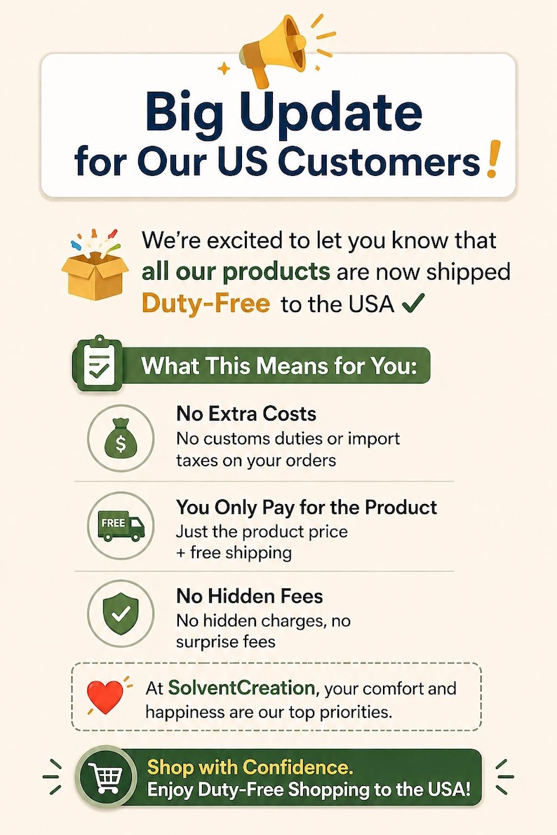 K&ouml;nnte beinhalten: Eine Infografik mit dem Titel Big Update for Our US Customers und einem gelben Megafon-Symbol. Sie erl&auml;utert, dass Produkte zollfrei in die USA versandt werden, was bedeutet: keine zus&auml;tzlichen Kosten, keine Zollgeb&uuml;hren und keine versteckten Geb&uuml;hren.