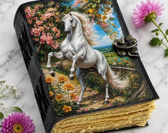 Grimoire Horse Leather Journal - Floral Vintage Notebook | Handmade Diary | Engraved Journal Gift for Writers and Nature Lovers