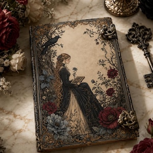K&ouml;nnte beinhalten: Ein rechteckiges Notizbuch mit einem Einband im Vintage-Stil, der eine Person in einem langen dunklen Kleid zeigt, die unter einem Baum mit einem schwarzen Vogel ein Buch liest. Der Einband hat verzierte goldfarbene Metallverschl&uuml;sse.