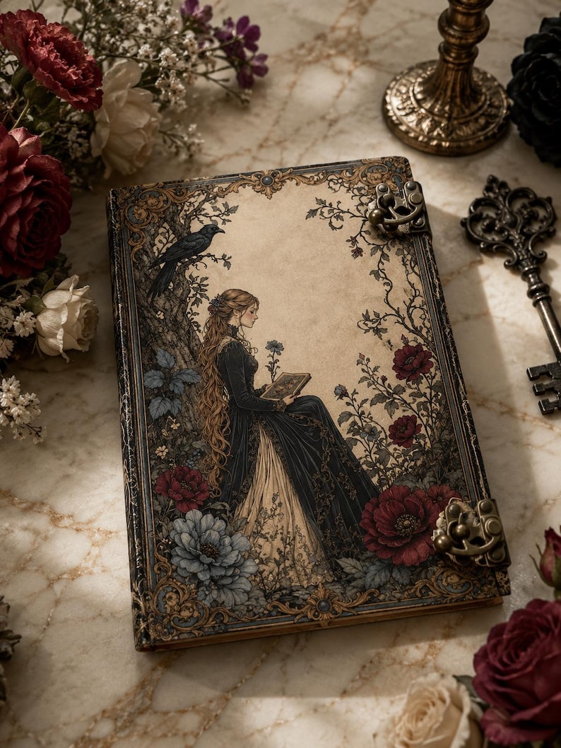 K&ouml;nnte beinhalten: Ein rechteckiges Notizbuch mit einem Einband im Vintage-Stil, der eine Person in einem langen dunklen Kleid zeigt, die unter einem Baum mit einem schwarzen Vogel ein Buch liest. Der Einband hat verzierte goldfarbene Metallverschl&uuml;sse.