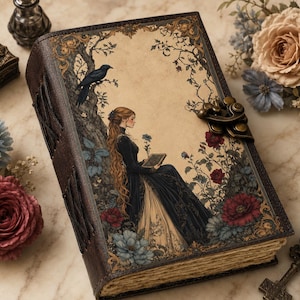 K&ouml;nnte beinhalten: Ein rechteckiges Tagebuch mit einem dunkelbraunen Ledereinband und einem Metallverschluss. Das Cover zeigt eine Illustration einer Person mit langem Haar in einem dunklen Kleid, die neben einem Baum mit einem schwarzen Vogel sitzt, umgeben von roten und blauen Blumen.