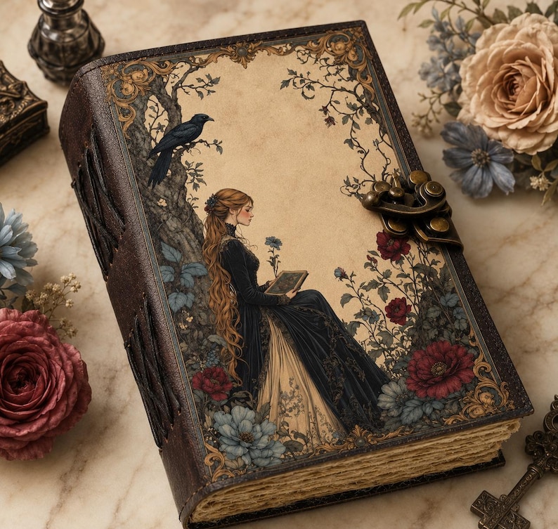 K&ouml;nnte beinhalten: Ein rechteckiges Tagebuch mit einem dunkelbraunen Ledereinband und einem Metallverschluss. Das Cover zeigt eine Illustration einer Person mit langem Haar in einem dunklen Kleid, die neben einem Baum mit einem schwarzen Vogel sitzt, umgeben von roten und blauen Blumen.