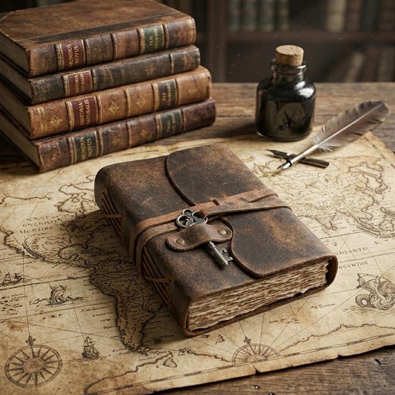 Rustic Leather Journal with Antique Key | Handmade Journal with Deckle Edge Blank Spell Book of Shadows, Personalized Gift for Him and Her