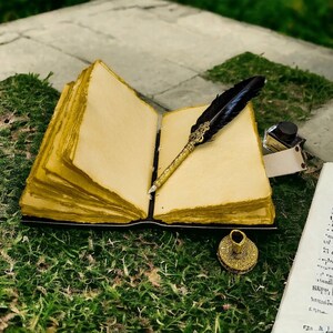 K&ouml;nnte beinhalten: Ein aufgeschlagenes Tagebuch mit dicken, cremefarbenen Seiten und goldfarbenen Kanten. Eine schwarze Feder mit einem verzierten Goldgriff liegt auf den Seiten. Ein kleines Glastintenfa&szlig; und ein rundes Goldsiegel liegen daneben, sowie ein Pergamentblatt.
