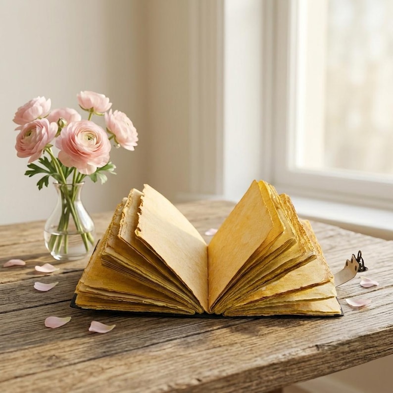 May include: An open journal with thick, textured, golden-yellow pages featuring deckled edges. Beside the journal sits a clear glass vase containing a bouquet of light pink ranunculus flowers, with several loose pink petals scattered nearby.