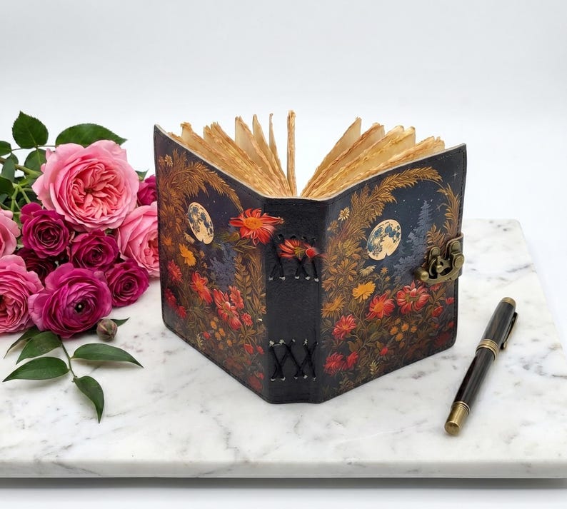 May include: A journal with a dark cover featuring a floral and moon print, bound with black stitching and a metal latch. The pages are deckled and light brown. A black fountain pen lies nearby, and a cluster of pink roses is positioned to the left.