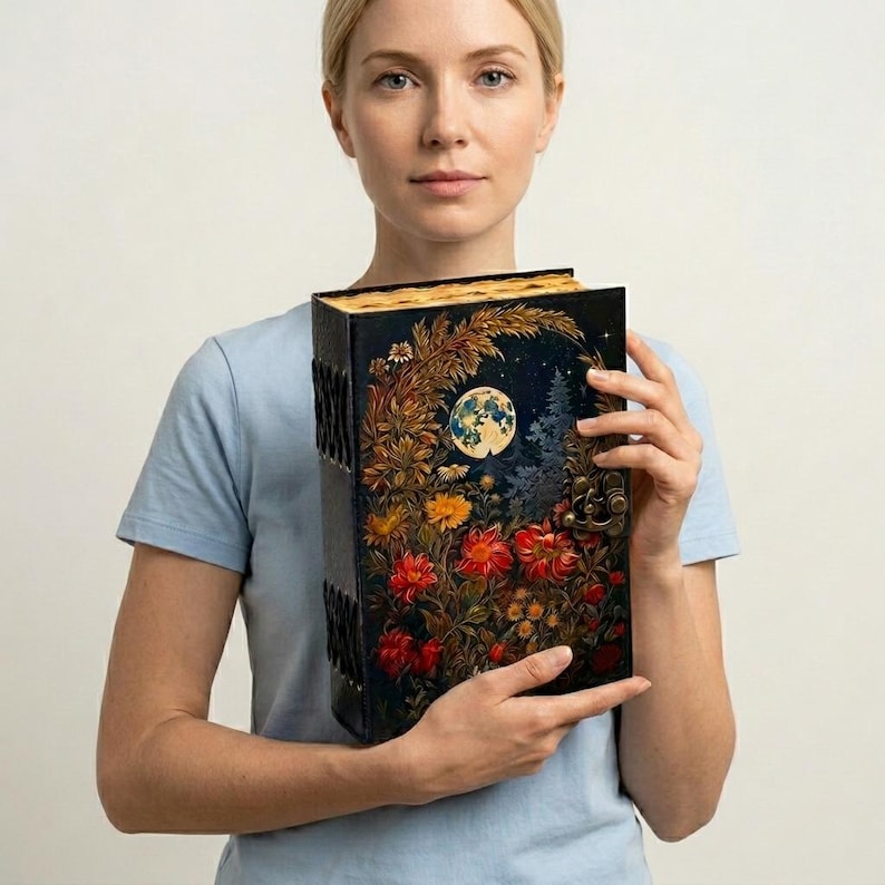 May include: A rectangular black book with a decorative cover featuring a full moon, dark forest, and vibrant red, orange, and yellow flowers. The book has a metallic latch closure on the side and textured black binding with visible stitching details.