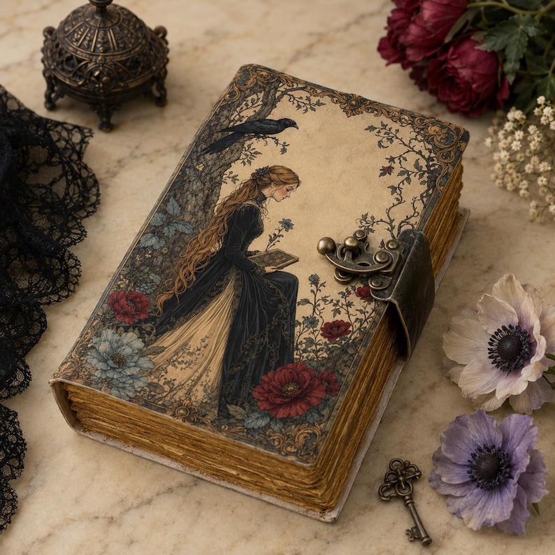 K&ouml;nnte beinhalten: Ein rechteckiges Tagebuch mit einem Einband im Vintage-Stil, der eine Person in einem langen dunklen Kleid, einen Raben und florale Motive zeigt. Das Buch hat goldfarbene Seitenkanten, einen Metallverschluss und einen kleinen Metallschl&uuml;ssel.