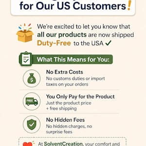 May include: An informational graphic titled Big Update for Our US Customers featuring a yellow megaphone icon. It details that products are shipped duty-free to the USA, explaining no extra costs, no customs duties, no hidden fees, and free shipping.