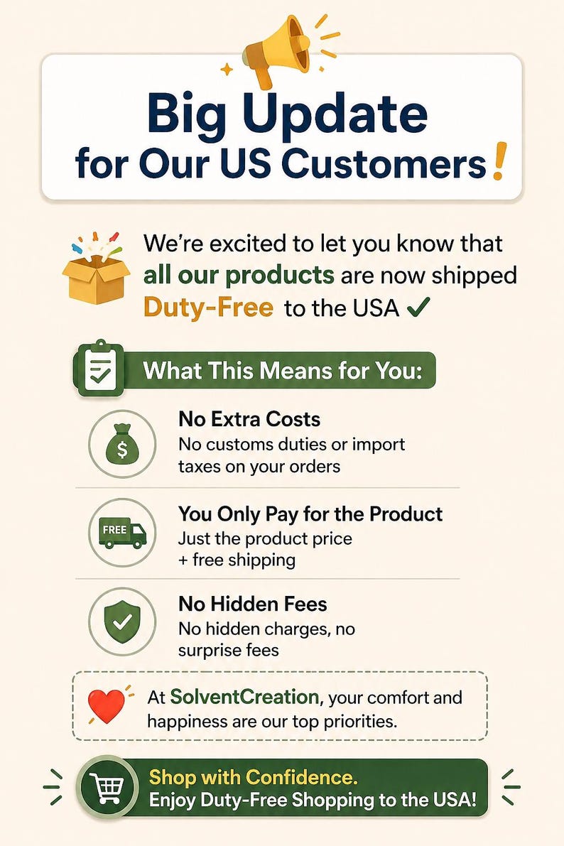 May include: An informational graphic titled Big Update for Our US Customers featuring a yellow megaphone icon. It details that products are shipped duty-free to the USA, explaining no extra costs, no customs duties, no hidden fees, and free shipping.
