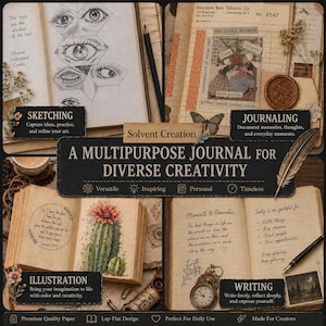 May include: A multi-page journal featuring sketches of eyes, vintage-style paper with text and butterfly illustrations, a watercolor cactus drawing, and handwritten notes. The layout includes labels for sketching, journaling, illustration, and writing.