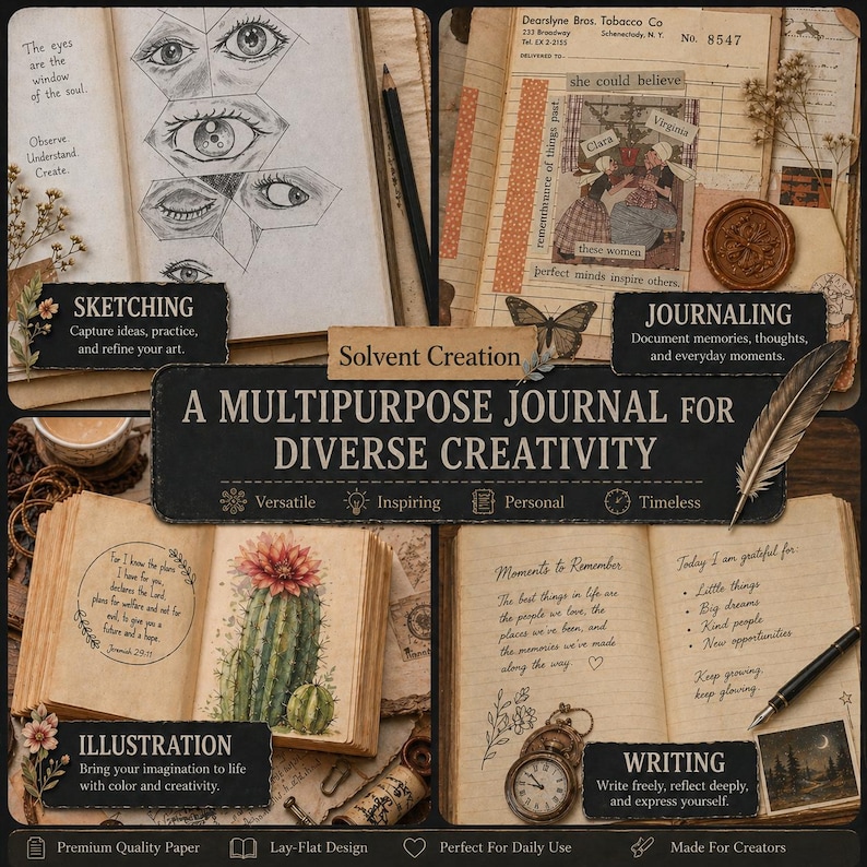 May include: A multi-page journal featuring sketches of eyes, vintage-style paper with text and butterfly illustrations, a watercolor cactus drawing, and handwritten notes. The layout includes labels for sketching, journaling, illustration, and writing.