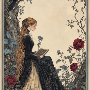 K&ouml;nnte beinhalten: Eine digitale Illustration einer Person mit langem blondem Haar in einem dunkelblauen Kleid, die an einem Baum sitzt und ein Buch liest. Ein schwarzer Rabe sitzt auf einem Ast dar&uuml;ber, umgeben von gro&szlig;en roten und blauen Blumen in einem Goldrahmen.