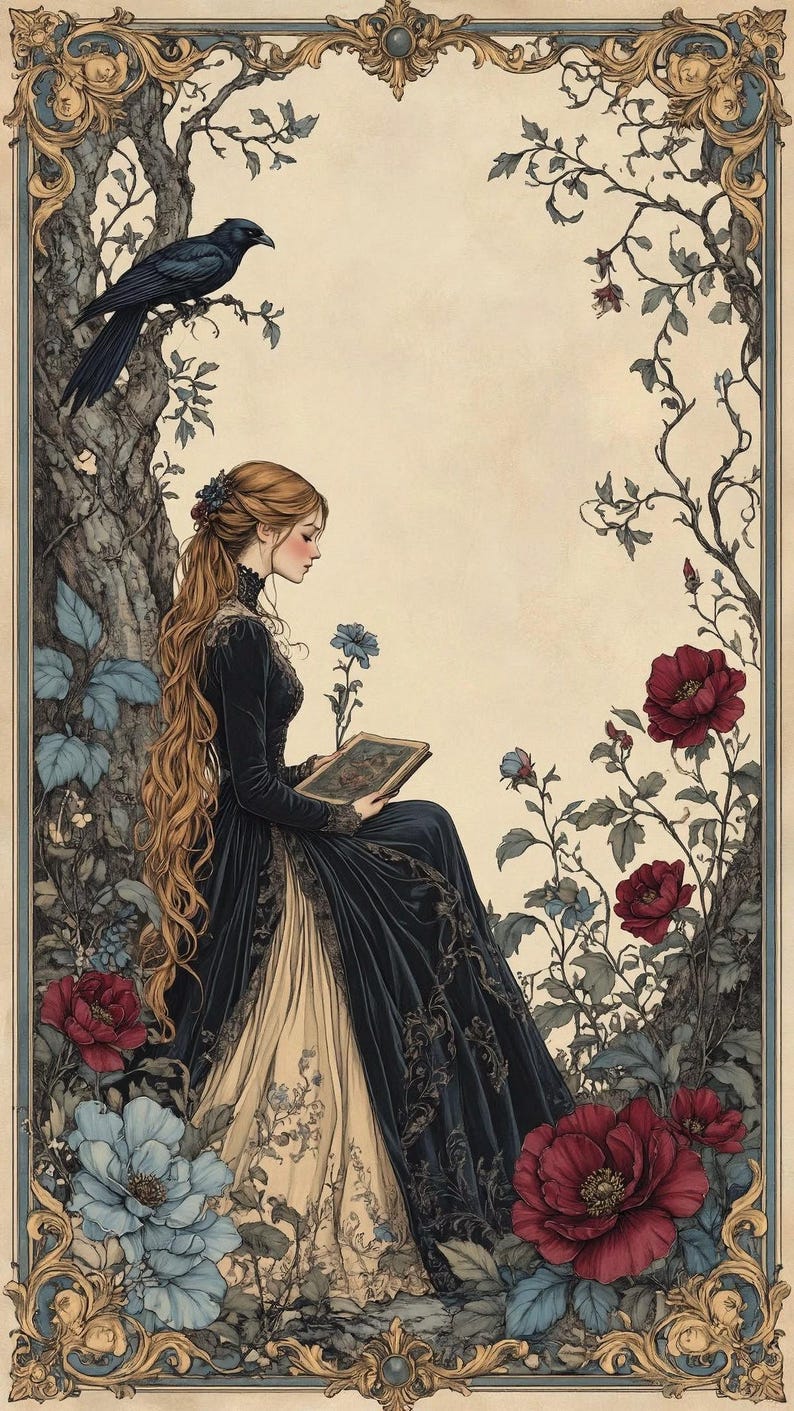 K&ouml;nnte beinhalten: Eine digitale Illustration einer Person mit langem blondem Haar in einem dunkelblauen Kleid, die an einem Baum sitzt und ein Buch liest. Ein schwarzer Rabe sitzt auf einem Ast dar&uuml;ber, umgeben von gro&szlig;en roten und blauen Blumen in einem Goldrahmen.