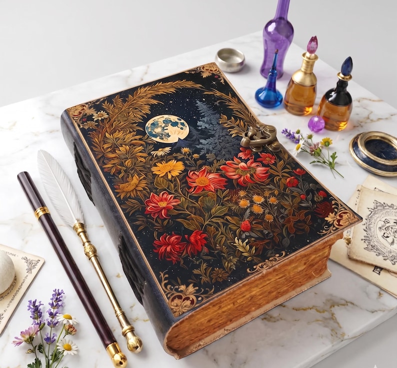 May include: A rectangular book with a black cover featuring a moon and floral illustration in gold, red, and orange. Beside it are a white feather quill, a dark pen, small glass bottles with colored liquids, and sprigs of lavender and daisies.