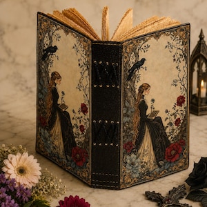 K&ouml;nnte beinhalten: Ein Notizbuch mit festem Einband und schwarzem Buchr&uuml;cken mit Kreuzstich-Details. Vorder- und R&uuml;ckseite zeigen eine Illustration einer Person mit langem Haar in einem dunklen Kleid, die neben einem Baum mit Raben und Blumen sitzt.