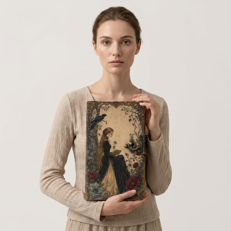 K&ouml;nnte beinhalten: Ein rechteckiges Hardcover-Buch mit einer Illustration einer Person mit langem Haar in einem dunklen Kleid, die unter einem Baum mit einem Raben sitzt, umgeben von roten und blauen Blumen. Das Buch hat einen dekorativen bronzefarbenen Metallverschluss.
