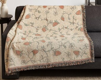 Strawberry Vine Woven Blanket | Floral Fruit Throw, Cottagecore Bedding