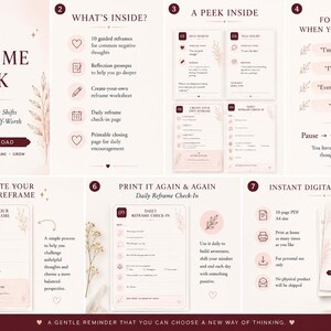 May include: A digital download titled The Reframe Pack, featuring 10 gentle thought shifts for confidence and self-worth. The set includes guided reframes, reflection prompts, a worksheet, and a daily check-in page, all presented in a soft pink aesthetic.
