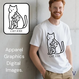 May include: A white short-sleeved t-shirt featuring a black line art graphic of a cat with binary code inside its body and the text CAT.EXE printed below the cat. The design is centered on the chest of the shirt.