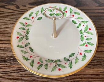 Vintage Lenox Holiday | One-Tier Serving Plate - 10.75" | Handled Tray | Ivory Porcelain with 24K Gold Trim | Christmas Holly & Berries