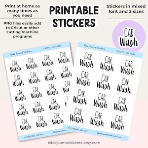 Puede incluir: Pegatinas imprimibles con el texto "CAR WASH" en varias fuentes y tamaños. Las pegatinas están diseñadas para el diario bíblico y se pueden imprimir en casa. La imagen incluye el texto "PRINTABLE STICKERS".