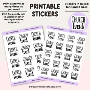 Può includere: Adesivi stampabili con la scritta "CHURCH Event" in una varietà di font e dimensioni. Gli adesivi sono progettati per il diario biblico e sono disponibili come file PNG. L'immagine include il testo "PRINTABLE STICKERS".