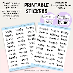 Puede incluir: Hojas de pegatinas imprimibles con las palabras "Currently Loving" y "Currently Reading" en fuente cursiva. Las hojas también incluyen varias otras palabras y frases para el diario bíblico. Las pegatinas están diseñadas para imprimirse en casa.