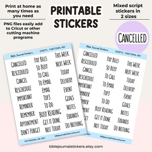 Puede incluir: Pegatinas imprimibles para el diario bíblico, con guiones funcionales como "Cancelado", "Reprogramado" y "Por hacer". La imagen muestra pegatinas en dos tamaños con el texto "Imprime en casa tantas veces como necesites".