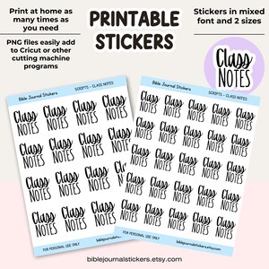 Puede incluir: Pegatinas imprimibles con el texto "Class Notes" en diferentes fuentes y tamaños. Diseñadas para el diario bíblico, las pegatinas se pueden imprimir en casa. Los archivos PNG se añaden fácilmente a las máquinas de corte.