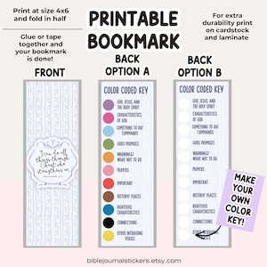 May include: Printable bookmark with a front design featuring the text "I can do all things through Christ who strengthens me." The back options include colour-coded keys for Bible study. The bookmark is designed to be printed at 10x15 cm and folded.