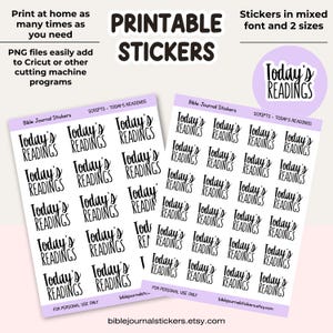 Peut inclure: Autocollants imprimables avec le texte "Today's Readings" en différentes tailles et polices, parfaits pour le journal biblique. L'image comprend le texte "Printable Stickers".