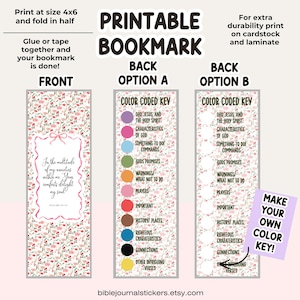 May include: Printable bookmark with a floral pattern and text. The front has a quote in a decorative frame. The back options include a colour-coded key with religious terms. Instructions advise printing on cardstock and laminating.