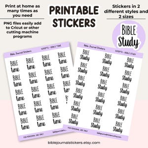 Peut inclure: Autocollants imprimables avec les mots "Bible Time" et "Bible Study" dans une police manuscrite. Les autocollants sont disponibles en deux styles et deux tailles. Le texte "Imprimez autant de fois que vous le souhaitez" est également inclus.