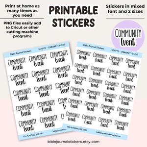 Può includere: Adesivi stampabili con il testo "COMMUNITY Event" in vari font e dimensioni. Questi adesivi sono progettati per il diario biblico e possono essere facilmente aggiunti a Cricut o altri programmi di taglio. Solo per uso personale.