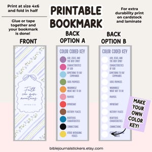 May include: Printable bookmark with a light blue and white striped design, featuring the text "Faith can move mountains" and Matthew 17:20. Includes colour-coded keys for Bible study, with options for front and back designs. The text "Printable Bookmark" is at the top.