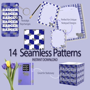 Badger Seamless Pattern Bundle | Woodland Animal Digital Paper | Blue Checkered, Plaid & Polka Dot Patterns | Instant Download