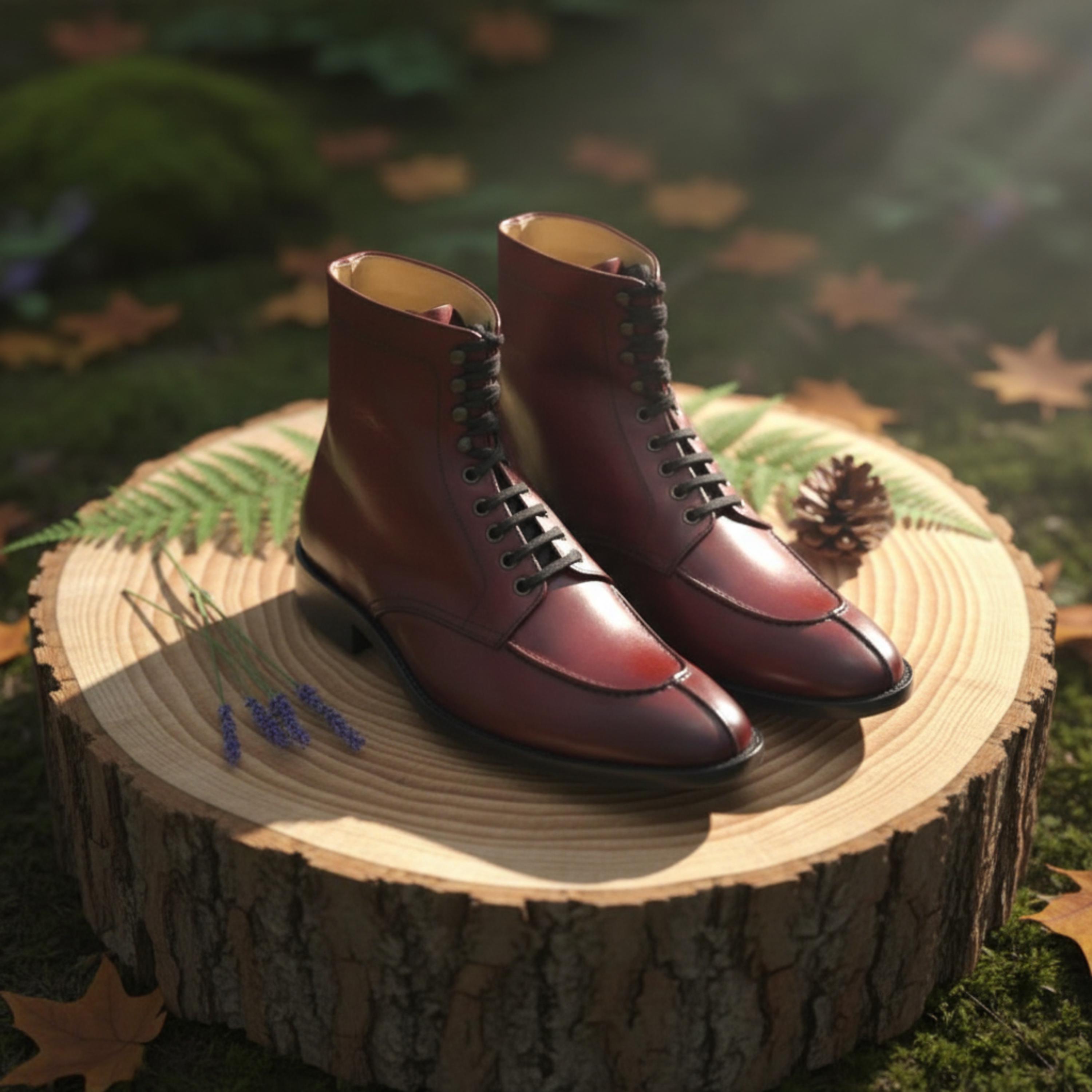 Men\'s Lace-Up Leather Work Boots - Burgundy Mens Burgundy Leather Lace-up Boots | Handmade Ankle Dress  main image 3